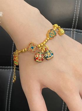 古法烧蓝五路财神半镯手链招财吞金兽一家三口女复古气质手镯