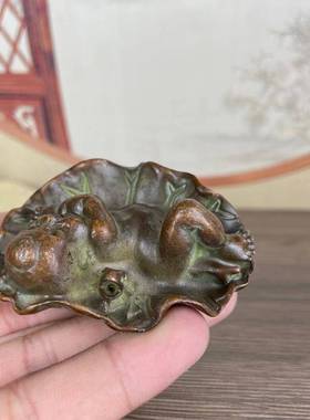 古玩仿古铜荷叶娃娃童子香插摆件家居桌面装饰摆件做工精细