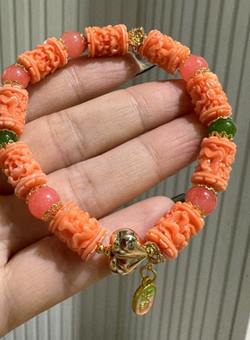 爆款新款民族风手链原创三文鱼粉色手串雕刻牡丹花新年礼物手串