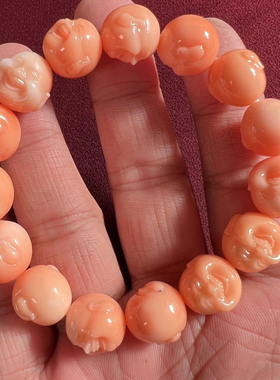 意大利深海粉色佛头手串原石雕刻MM手链笑口常开生日礼物送闺蜜