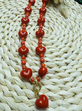 新款天然意大利红宝石高贵爱心屁桃项链万能链老橘色百搭节日礼物