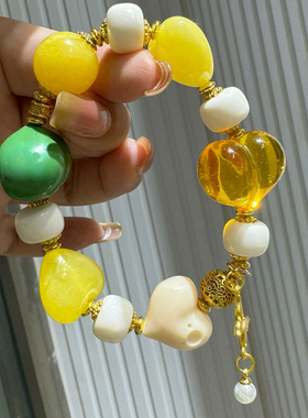 新品蜜蜡屁桃多宝手链长命富贵手串女款高颜值鸡油黄蜜蜡琥珀松石