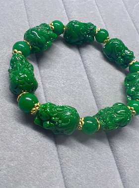 爆款满绿色貔貅手串招财进宝貔貅菠菜色干青祖母绿貔貅手链