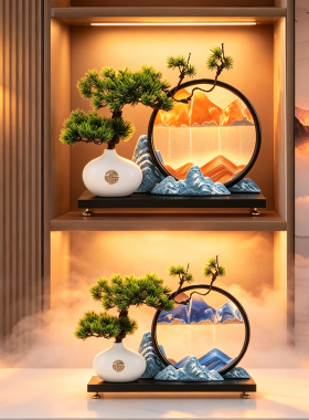 迎客松创意山水流沙画摆件沙漏新中式客厅玄关办公室高档装饰品