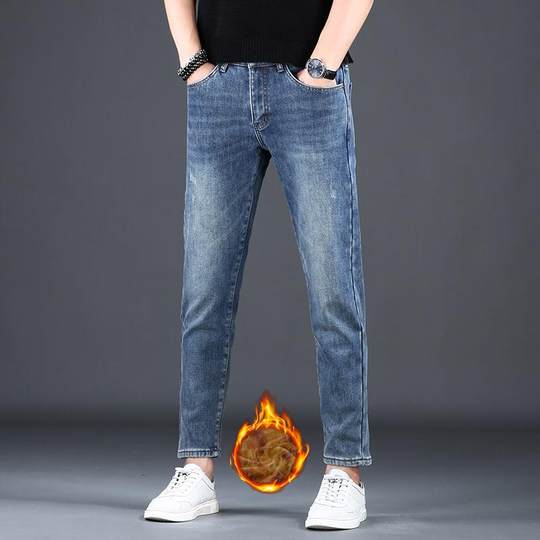 高端九分牛仔裤男修身小脚2024新款蓝色弹力休闲男士加绒9分裤子