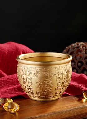 速发黄铜特大聚米宝字缸浮雕百福聚财缸做旧福宝米缸招字盆金属工