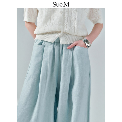 Sue.M 宽松亚麻弯刀裤女士通勤百搭慵懒松弛感老钱风休闲阔腿裤女 - 图1