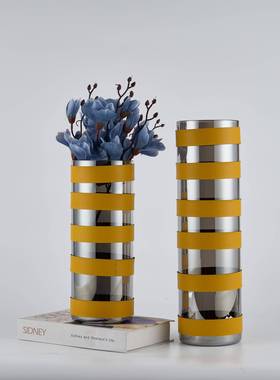 代轻A6皮革黑奢皮革玻璃条纹柱花器摆件客厅楼玄关餐现桌圆样板房