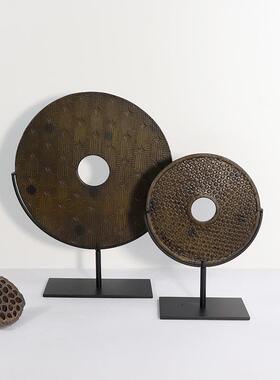 现代新中式禅意祥云纹仿玉璧平安扣摆件电视柜玄关书房装饰品