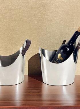 现代轻奢不锈钢金属皮革香槟红酒冰桶装饰创意摆件厨房酒吧样板间