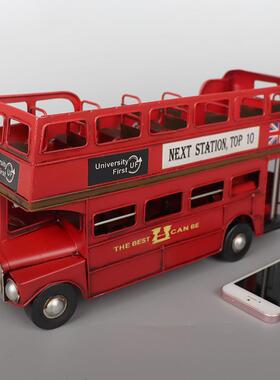 复古仿真英伦双层巴士公交车模型铁艺老物件收藏橱窗装饰品摆件