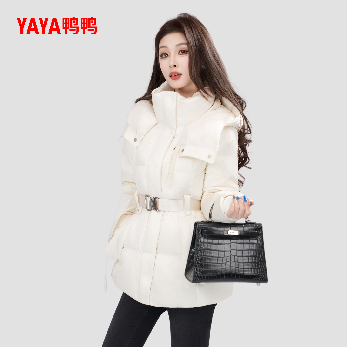 【鞠婧祎同款】首发现货 YAYA鸭鸭2025新款收腰羽绒服连帽外套女