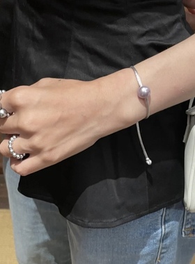 正品天然淡水海一颗水珍珠手链女款女士轻奢小众精致紫色叠戴礼物