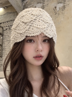 复古钩花针织帽女秋冬包头冷帽