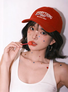 美式深顶大檐显脸小红色鸭舌帽子