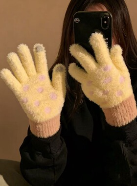 波点毛绒针织蓝色手套女2026新款