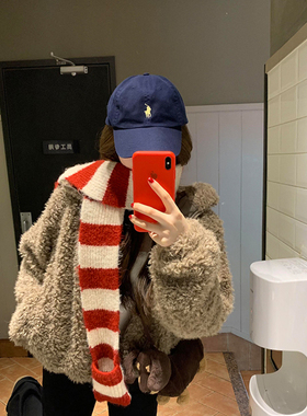 新年红色针织条纹围巾保暖围脖女