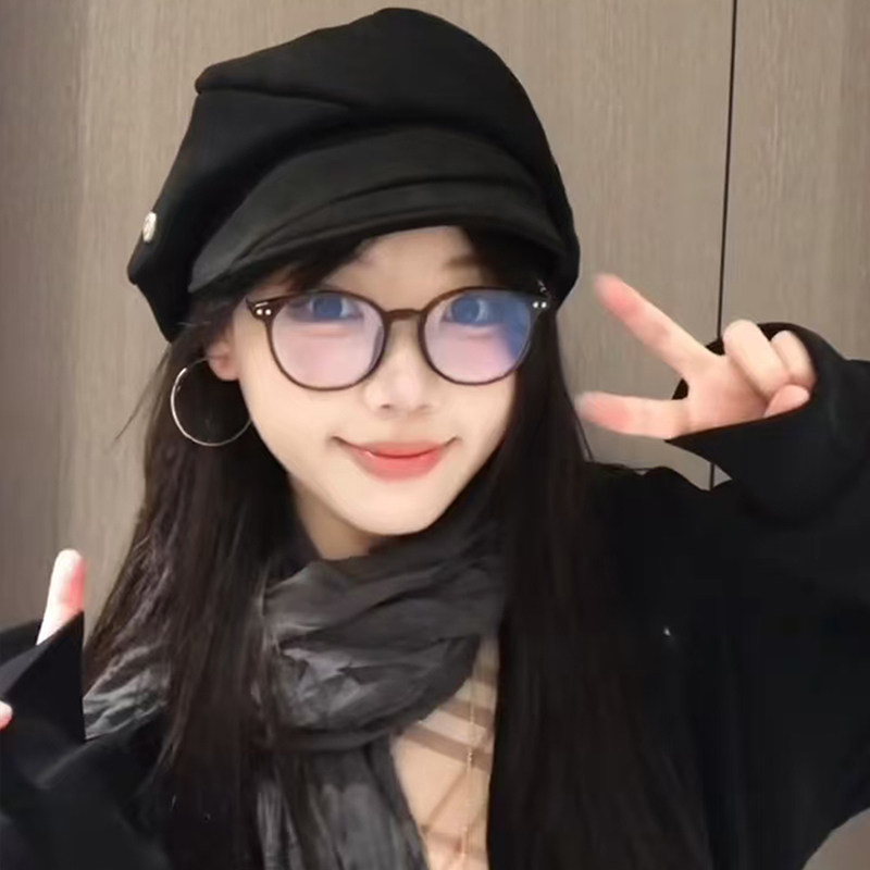 韩系复古黑色贝雷帽子女款2025新款显脸小八角帽大头围八角报童帽