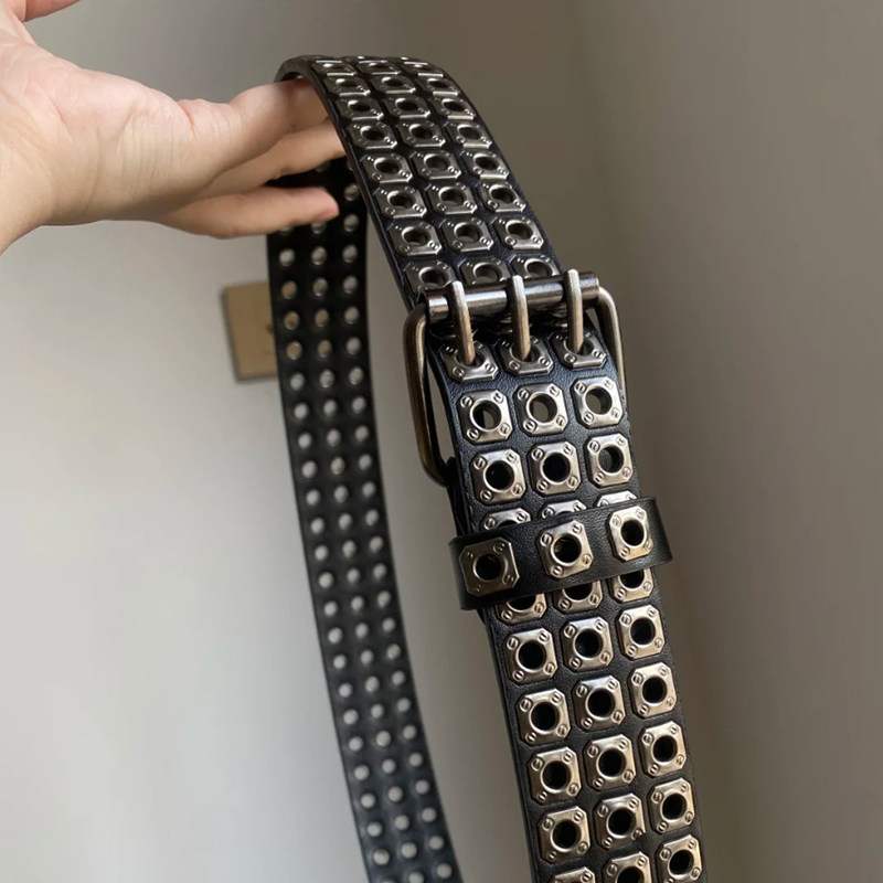 重工金属铆钉腰带2026年朋克风三排扣镂空黑色宽皮带男女同款装饰,淘宝优惠券,粉丝福利购,淘宝优惠卷
