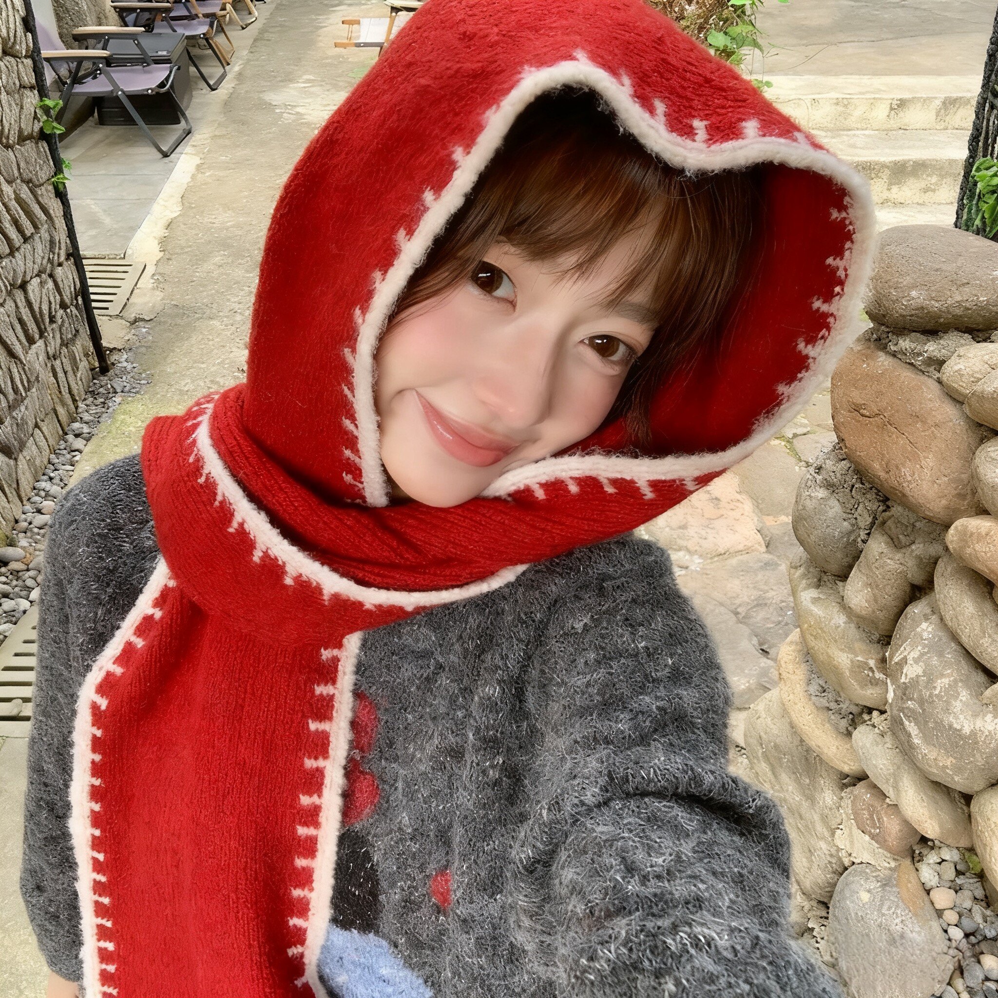 可爱圣诞红色针织围巾女2025新款冬季韩系高级感软糯加厚保暖围脖