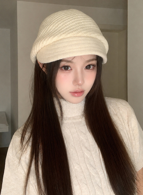 复古白色针织短檐贝雷帽女百搭