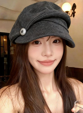灰色复古褶皱贝雷帽女秋冬显脸小