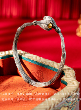 足银999古法镶金玉兰花手镯纯银女新中式国风银手镯开口潮流镯子