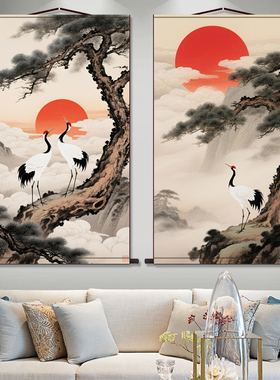 展翅红日仙鹤招财挂画好运装饰丝绸画松鹤延年已装裱丝绸画国画