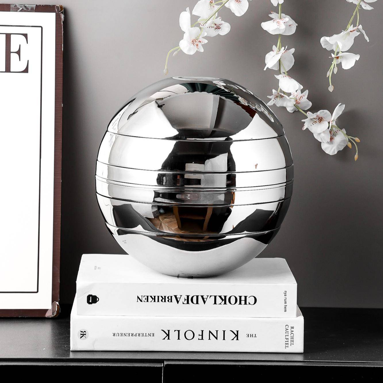 04术不锈钢球套形装碗防盘七件套艺球体摆件亮PR光碗双层烫碗盘 - 图0