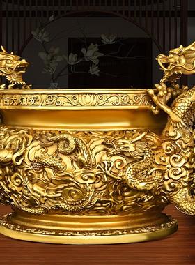 黄铜九龙香炉摆件大号圆底炉双龙家用室内供奉香薰炉工艺品龙戏珠