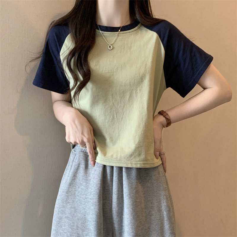 小个子短款撞色拼接短袖T恤女夏季学生宽松半袖闺蜜姐妹装上衣服