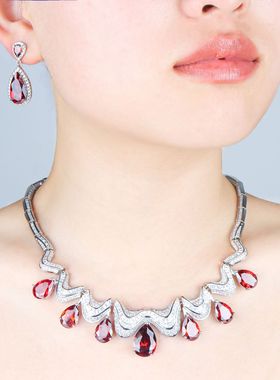 欧美时尚新娘婚纱水滴造型高级感锆石轻奢套链项链耳钉套装女批发