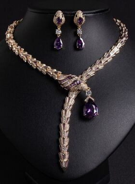 欧美时尚气质女式轻奢锆石首饰项链耳环饰品套装夸张灵蛇珠宝套装