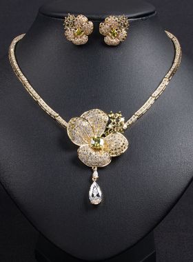 欧美跨境花朵锆石项链耳环套装高级小众奢华新娘礼服项饰配饰批发