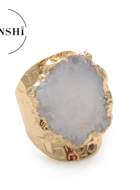 速卖通天然石玛瑙晶洞水晶戒指 鎏金圆形晶芽戒指可调节开口指环