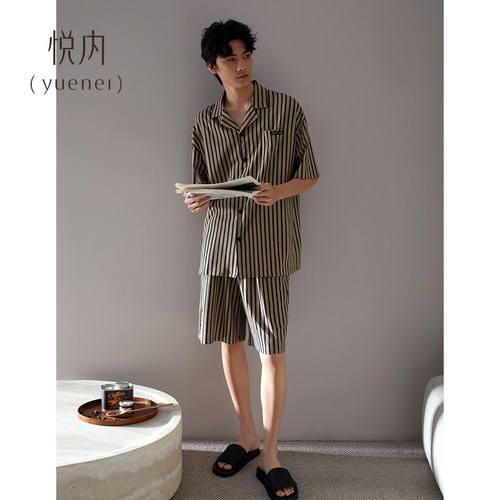 悦内睡衣男士款夏季纯棉短袖短裤家居服夏天夏款时尚条纹开衫套装 - 图3