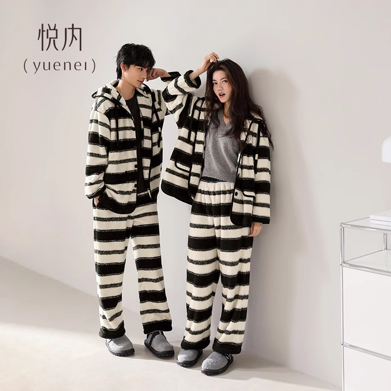 悦内半边绒情侣睡衣女秋冬款冬季珊瑚绒加绒保暖厚家居服条纹男士,淘宝优惠券,粉丝福利购,淘宝优惠卷