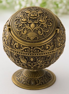 复古创意时尚金属工艺品球形地球仪装饰带盖烟灰缸家居客厅摆件礼