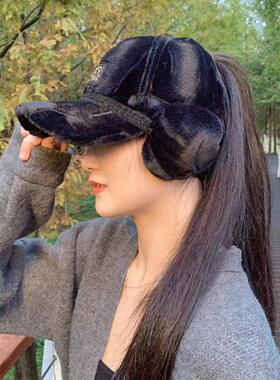 秋冬加绒可扎马尾棒球帽女
