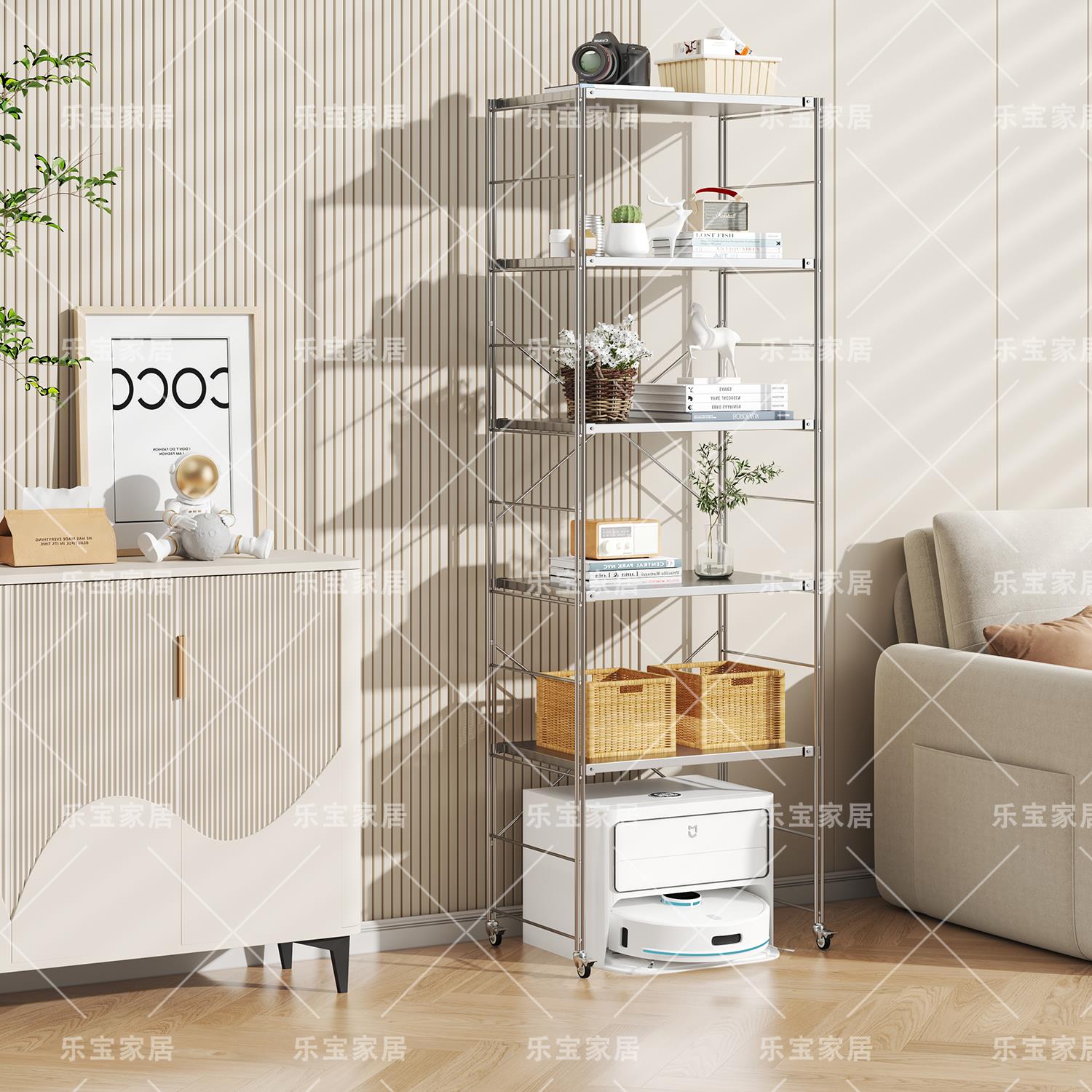 新款不锈钢扫地机器人置物架带轮客厅拖地机收纳层架多功能落地猫 - 图0