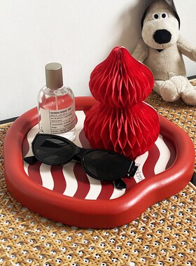 条纹高级皮质化妆品书桌置物盘轻奢高档托盘入户玄关钥Z匙收纳摆