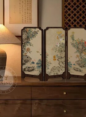 中古风墨竹小屏风桌面摆件新中式办公室茶桌玄关柜装饰品复古摆画