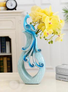 新中式花孔雀花办瓶客厅桌面公桌餐桌视柜插电干花装饰品轻百鸟花