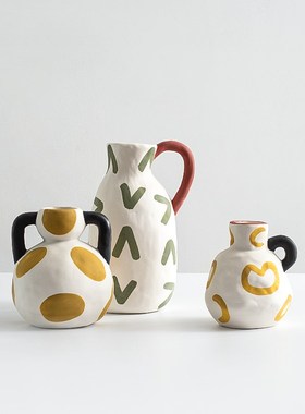 小众奶油风陶瓷奶壶花器高颜值客C厅插花摆件套装民宿轻奢陶瓷摆