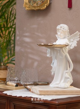 复古森林创意欧式树脂少女天使雕B塑托盘桌面摆件家居样板房装饰
