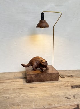 木雕小猫咪木质小夜灯家居店内装饰品G桌面创意礼品奶油原木风摆