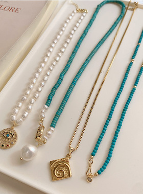 手工串珠小众设计感蓝色绿松石不规则淡水珍珠项链锁骨链