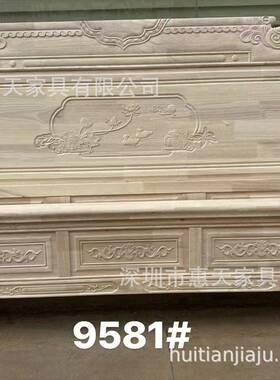 21025新款.米橡木白胚大床全8实FOW白茬床仿古雕花木双人中式床家