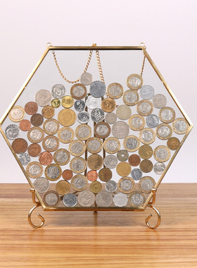 六边形硬a币展示框 新房客厅玄关装饰酒柜软装 透明储蓄罐玻璃摆