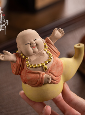 清山胡同紫砂彩砂弥勒佛香插摆件